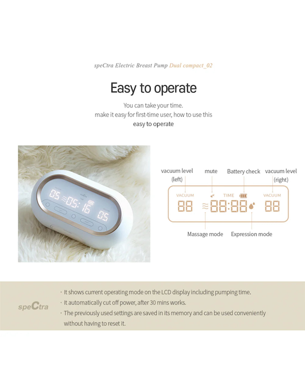 Spectra Dual Compact Synergy Gold Rechargeable Double Electric Breast Pump-Independent Control for each Breast-Simulates Natural Suckling-Touch LCD with Timer Control and Mute Mode-Close System-Backflow Protection-Milk Expression Pump