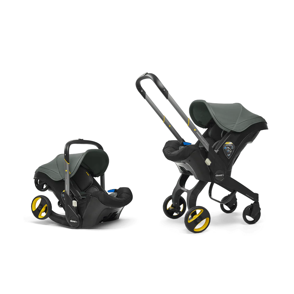 Doona+ Baby Car Seat & Travel Stroller - Convertible Infant Car Seat, Carry Cot and Pram with 5 Point Safety Harness, Ergonomic Pushchair and Travel System (ISOFIX Base Sold Separately)- Foggy Grey