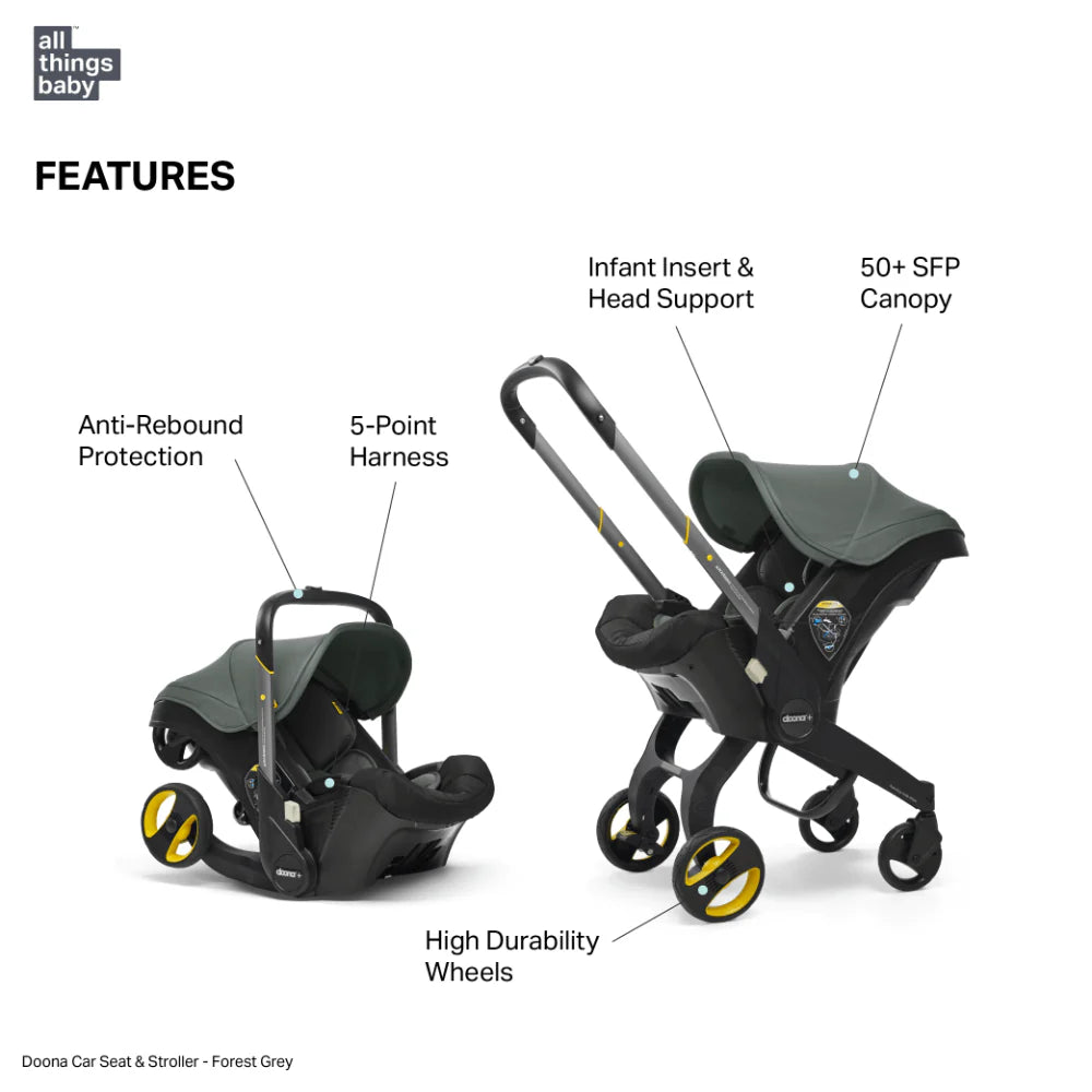 Doona+ Baby Car Seat & Travel Stroller - Convertible Infant Car Seat, Carry Cot and Pram with 5 Point Safety Harness, Ergonomic Pushchair and Travel System (ISOFIX Base Sold Separately)- Foggy Grey