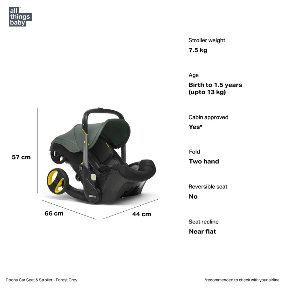 Doona+ Baby Car Seat & Travel Stroller - Convertible Infant Car Seat, Carry Cot and Pram with 5 Point Safety Harness, Ergonomic Pushchair and Travel System (ISOFIX Base Sold Separately)- Foggy Grey