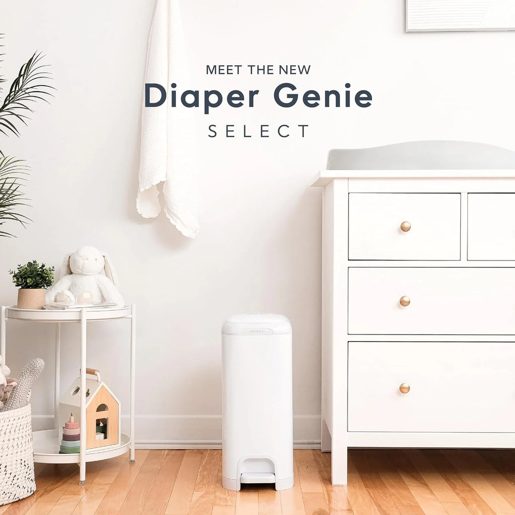 Diaper Genie Select Diaper Pail-Comes with Square Starter Refills-Stainless Steel-Holds upto 40 newborn diapers-Push N Lock clamp to prevent odour-Foot pedal for easy one-handed operation-White