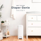 Diaper Genie Select Diaper Pail-Comes with Square Starter Refills-Stainless Steel-Holds upto 40 newborn diapers-Push N Lock clamp to prevent odour-Foot pedal for easy one-handed operation-White