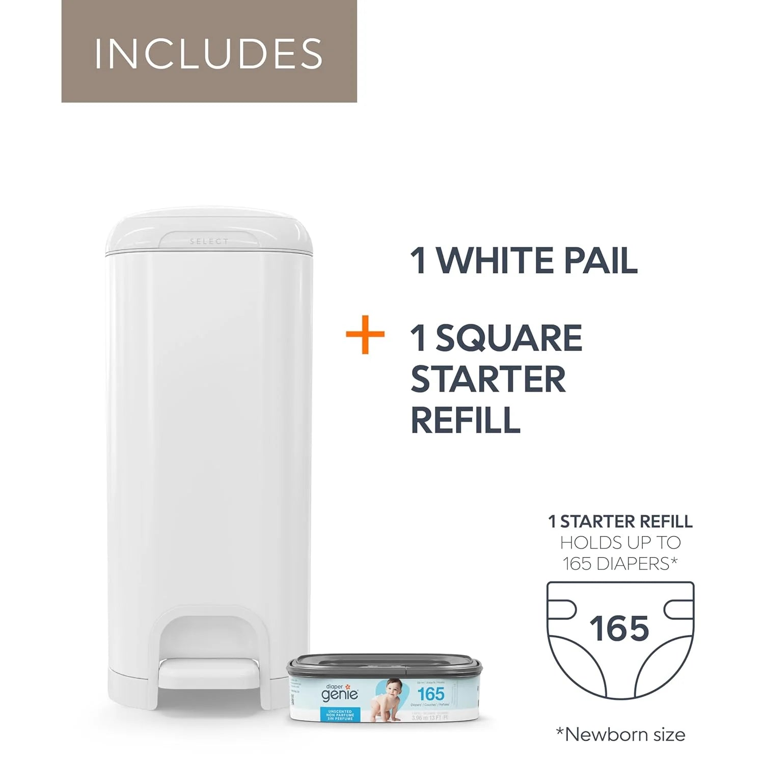 Diaper Genie Select Diaper Pail-Comes with Square Starter Refills-Stainless Steel-Holds upto 40 newborn diapers-Push N Lock clamp to prevent odour-Foot pedal for easy one-handed operation-White