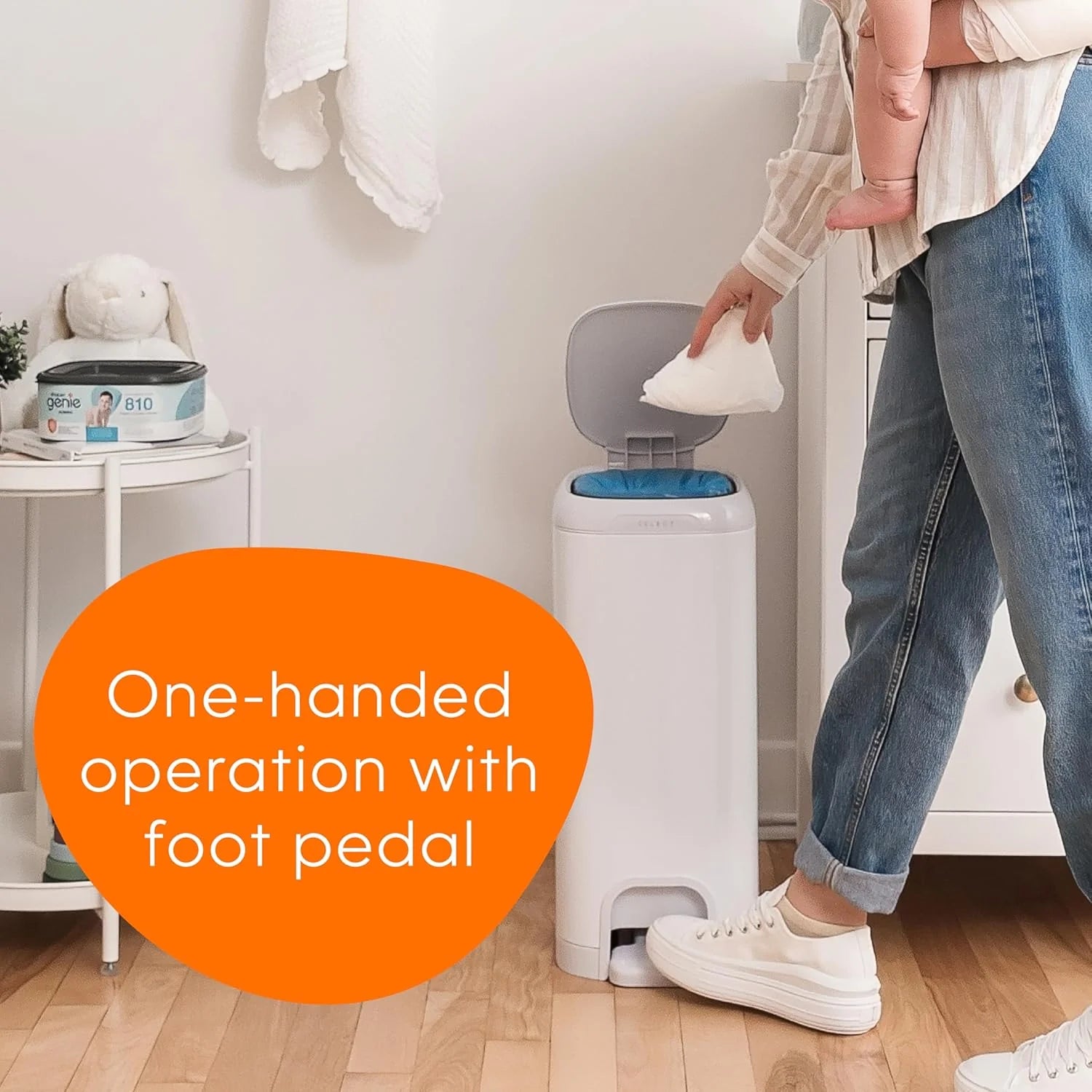 Diaper Genie Select Diaper Pail-Comes with Square Starter Refills-Stainless Steel-Holds upto 40 newborn diapers-Push N Lock clamp to prevent odour-Foot pedal for easy one-handed operation-White