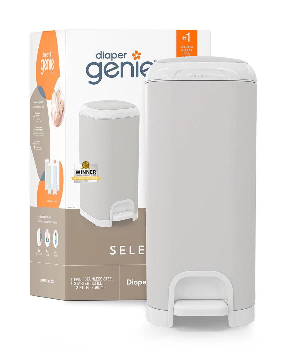 Diaper Genie Select Diaper Pail-Comes with Square Starter Refills-Stainless Steel-Holds upto 40 newborn diapers-Push N Lock clamp to prevent odour-Foot pedal for easy one-handed operation-Grey