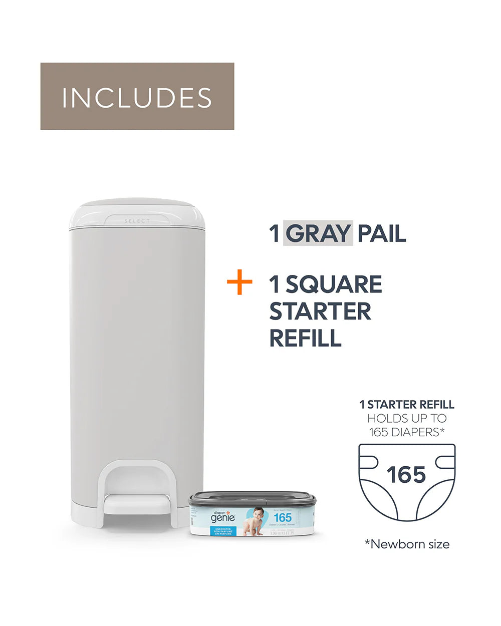 Diaper Genie Select Diaper Pail-Comes with Square Starter Refills-Stainless Steel-Holds upto 40 newborn diapers-Push N Lock clamp to prevent odour-Foot pedal for easy one-handed operation-Grey