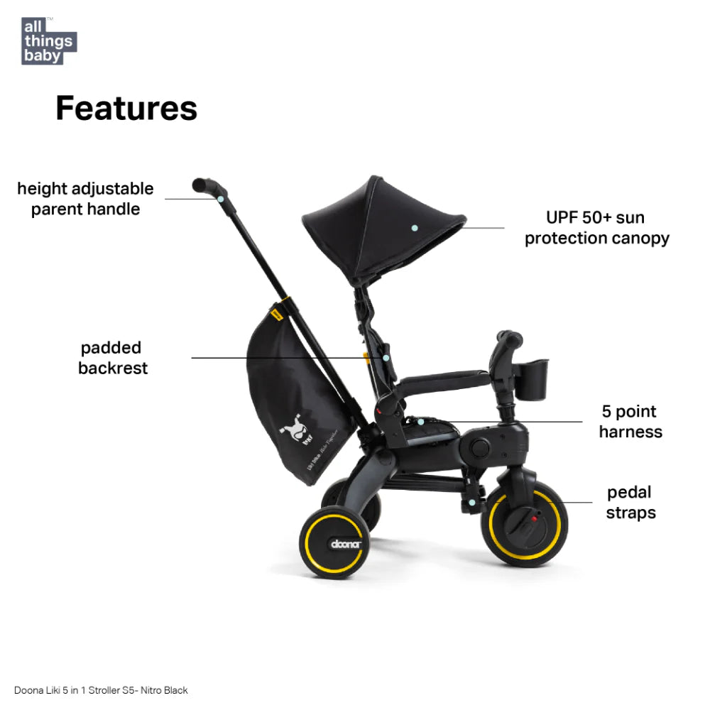 Doona™ Liki Trike S5 - Premium Foldable Trike for Toddlers, Kids/Baby Tricycle Stroller with Cushion Seat, UPF 50+ Sun Protection & Harness, Parental Control, Ages 10 Months to 3 Years-black