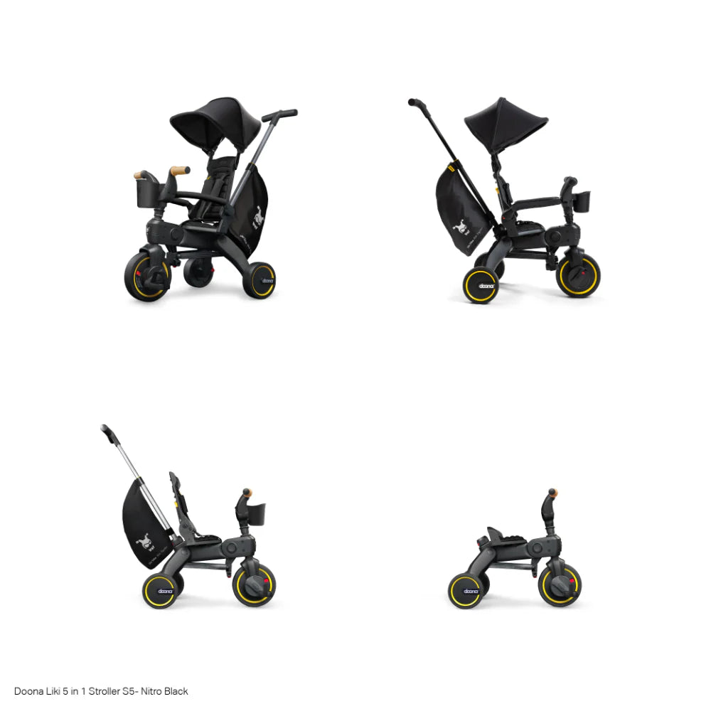 Doona™ Liki Trike S5 - Premium Foldable Trike for Toddlers, Kids/Baby Tricycle Stroller with Cushion Seat, UPF 50+ Sun Protection & Harness, Parental Control, Ages 10 Months to 3 Years-black