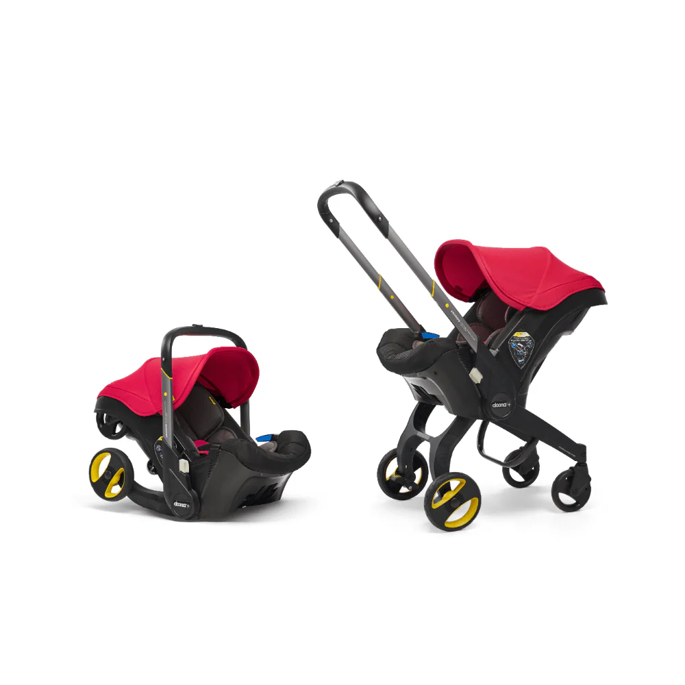 Doona+ Baby Car Seat & Travel Stroller - Convertible Infant Car Seat, Carry Cot and Pram with 5 Point Safety Harness, Ergonomic Pushchair and Travel System (ISOFIX Base Sold Separately)- Red
