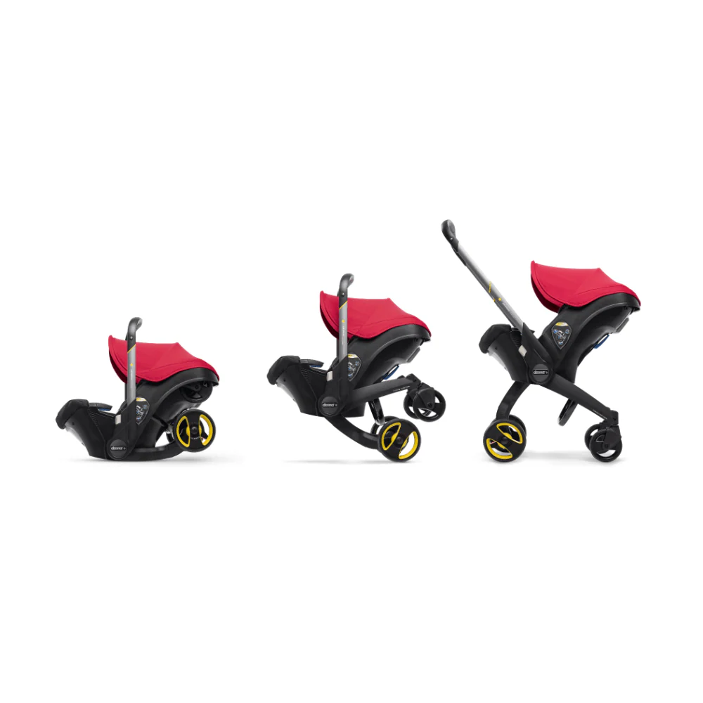 Doona+ Baby Car Seat & Travel Stroller - Convertible Infant Car Seat, Carry Cot and Pram with 5 Point Safety Harness, Ergonomic Pushchair and Travel System (ISOFIX Base Sold Separately)- Red