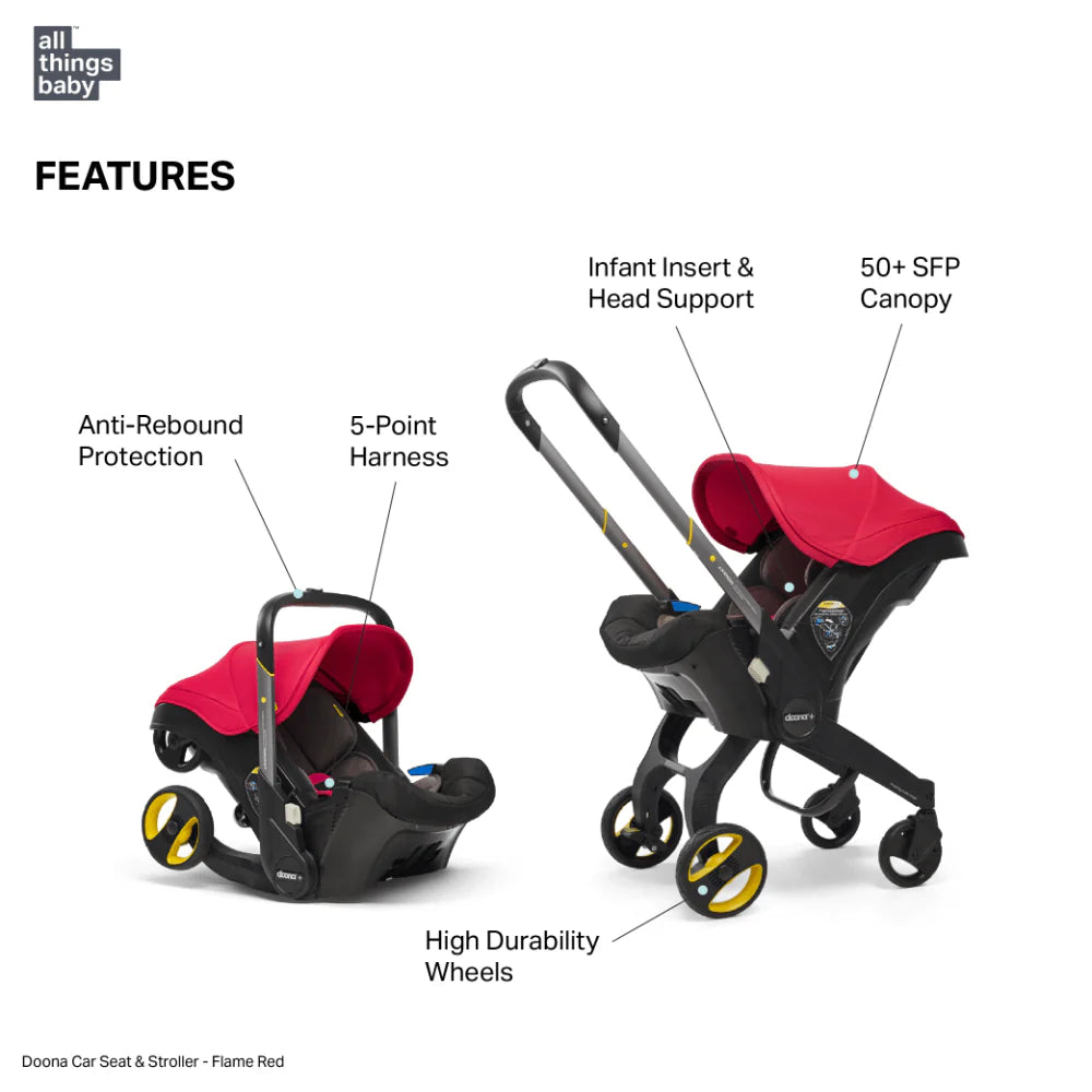 Doona+ Baby Car Seat & Travel Stroller - Convertible Infant Car Seat, Carry Cot and Pram with 5 Point Safety Harness, Ergonomic Pushchair and Travel System (ISOFIX Base Sold Separately)- Red