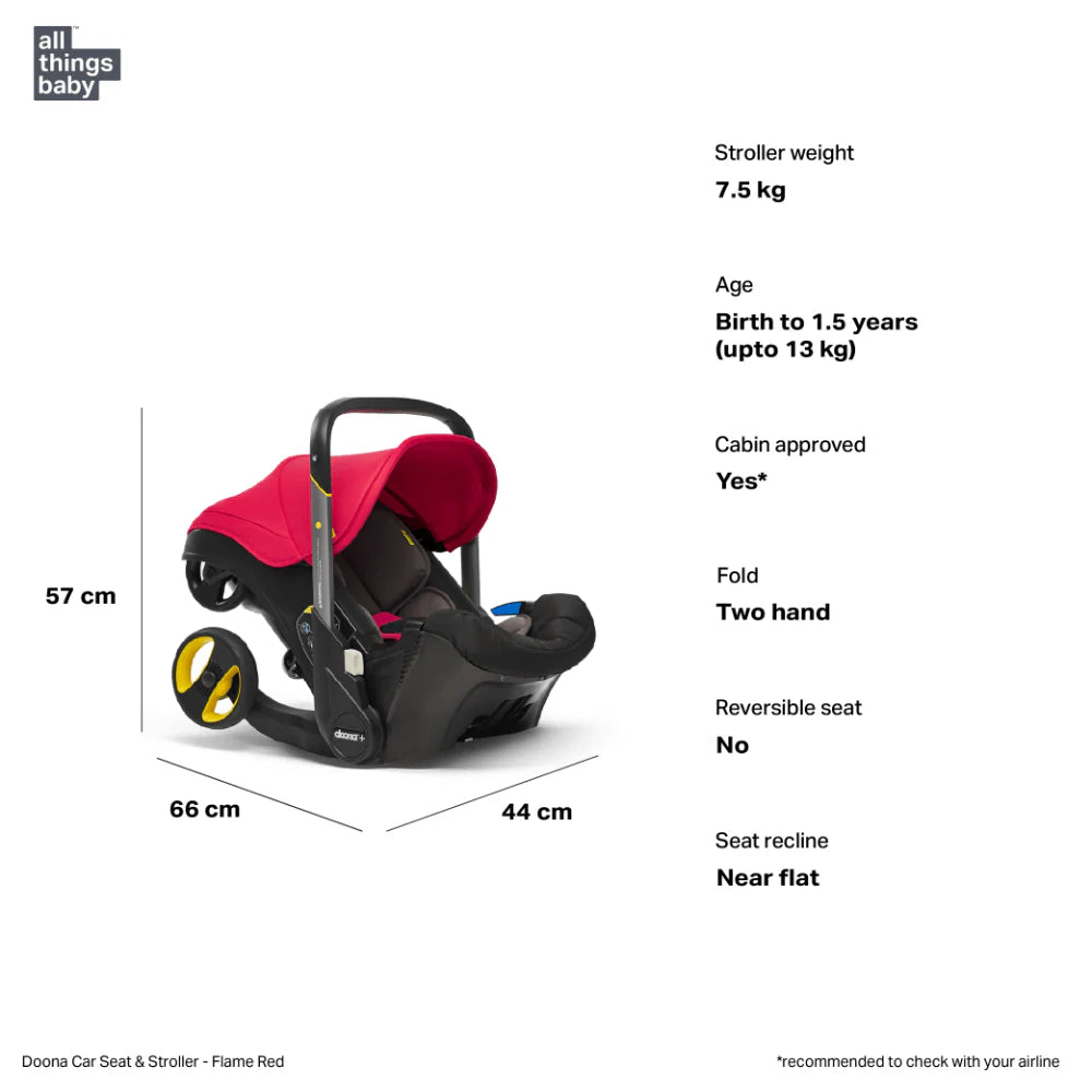 Doona+ Baby Car Seat & Travel Stroller - Convertible Infant Car Seat, Carry Cot and Pram with 5 Point Safety Harness, Ergonomic Pushchair and Travel System (ISOFIX Base Sold Separately)- Red