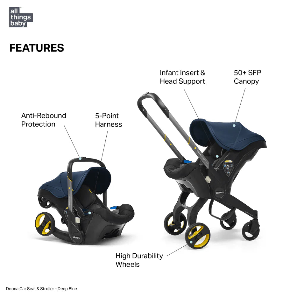 Doona+ Baby Car Seat & Travel Stroller - Convertible Infant Car Seat, Carry Cot and Pram with 5 Point Safety Harness, Ergonomic Pushchair and Travel System (ISOFIX Base Sold Separately)- Deep Blue