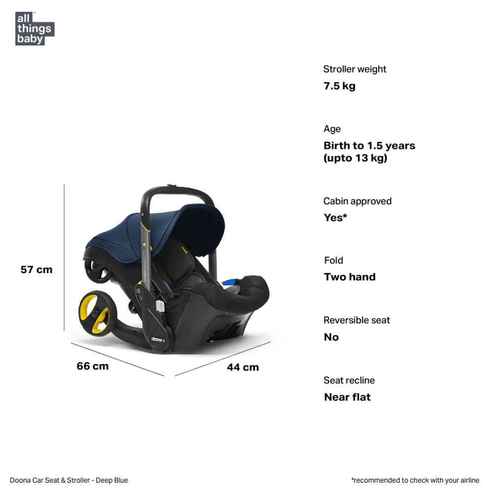 Doona+ Baby Car Seat & Travel Stroller - Convertible Infant Car Seat, Carry Cot and Pram with 5 Point Safety Harness, Ergonomic Pushchair and Travel System (ISOFIX Base Sold Separately)- Deep Blue