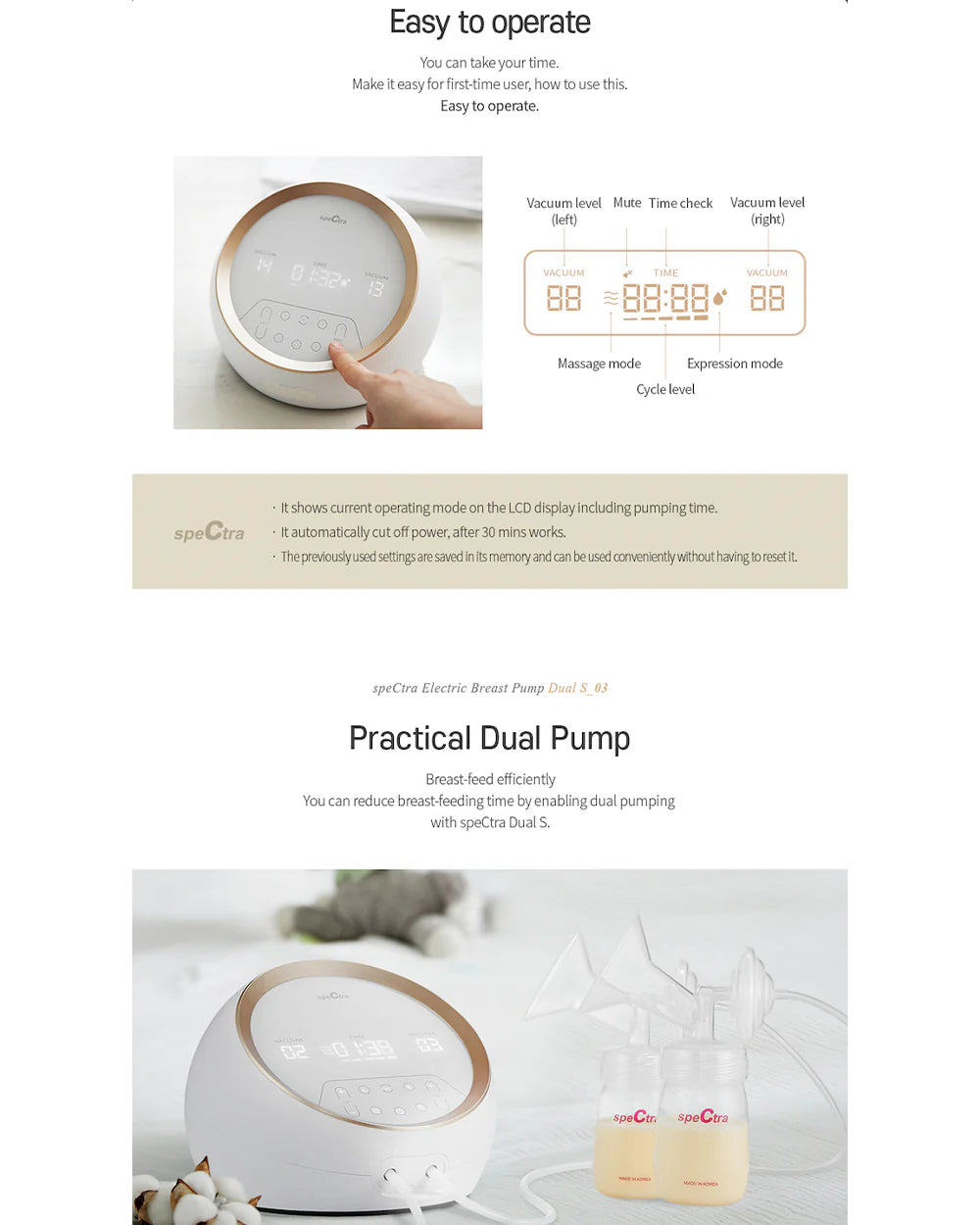 Spectra Dual S Synergy Gold Double Electric Breast Pump-Independent Control for each Breast-With Hospital Grade Suction (270 mmHg) on Each Side-Touch LCD with Timer Control & Mute Mode-Close System-Backflow Protection-Milk Expression Pump