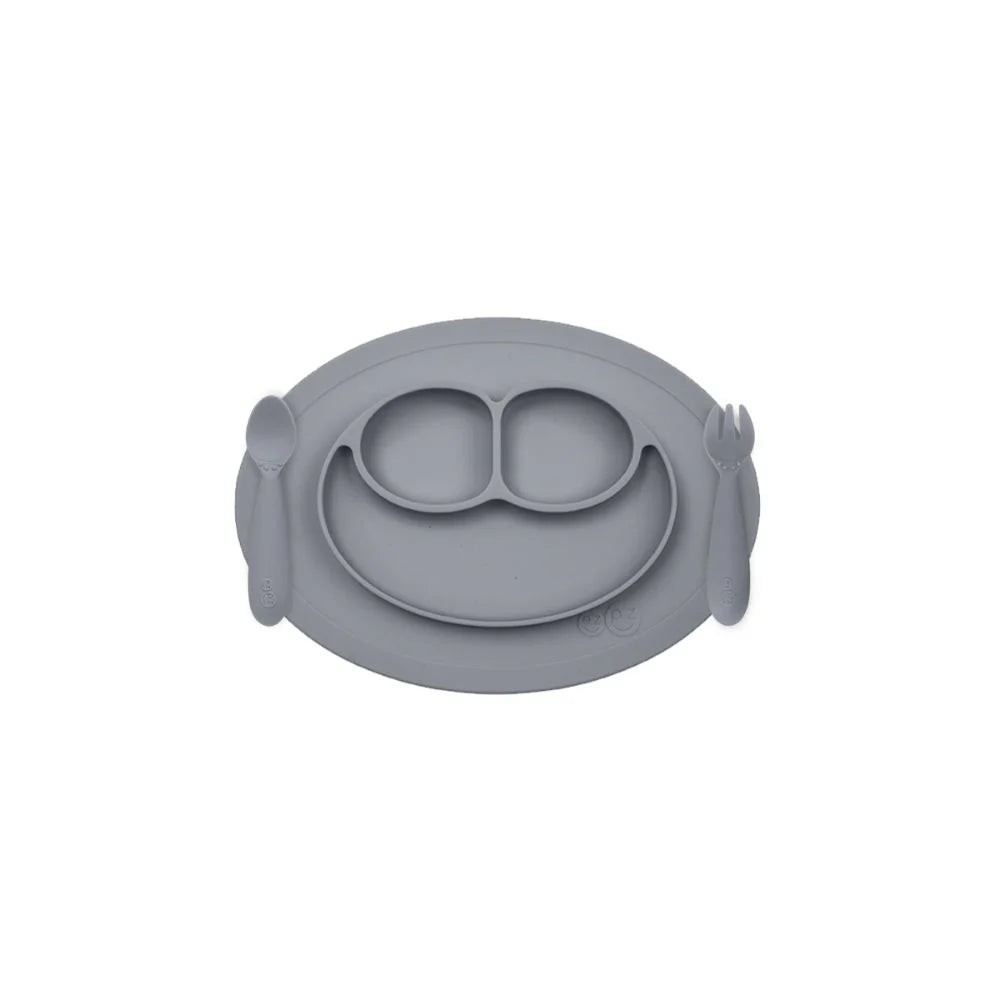 ezpz Mini Feeding Set – 100% Food-Grade Silicone Suction Plate, Spoon & Fork, Baby & Toddler Self-Feeding, Highchair & Table Use, Microwave Safe, 12 Months+ GREY