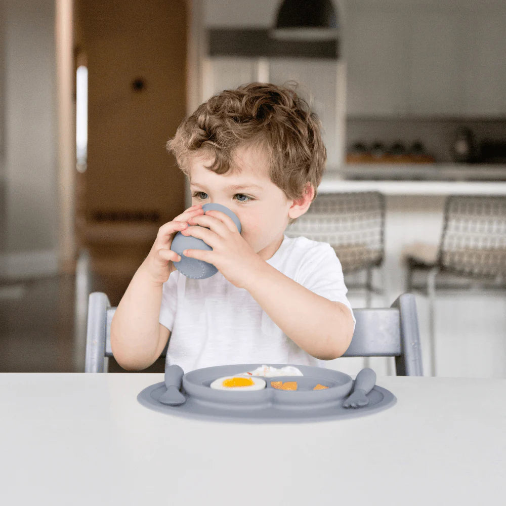 ezpz Mini Feeding Set – 100% Food-Grade Silicone Suction Plate, Spoon & Fork, Baby & Toddler Self-Feeding, Highchair & Table Use, Microwave Safe, 12 Months+ GREY