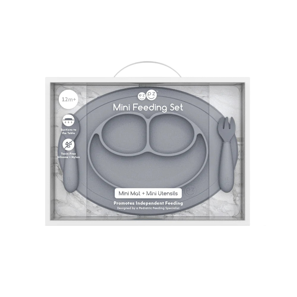 ezpz Mini Feeding Set – 100% Food-Grade Silicone Suction Plate, Spoon & Fork, Baby & Toddler Self-Feeding, Highchair & Table Use, Microwave Safe, 12 Months+ GREY