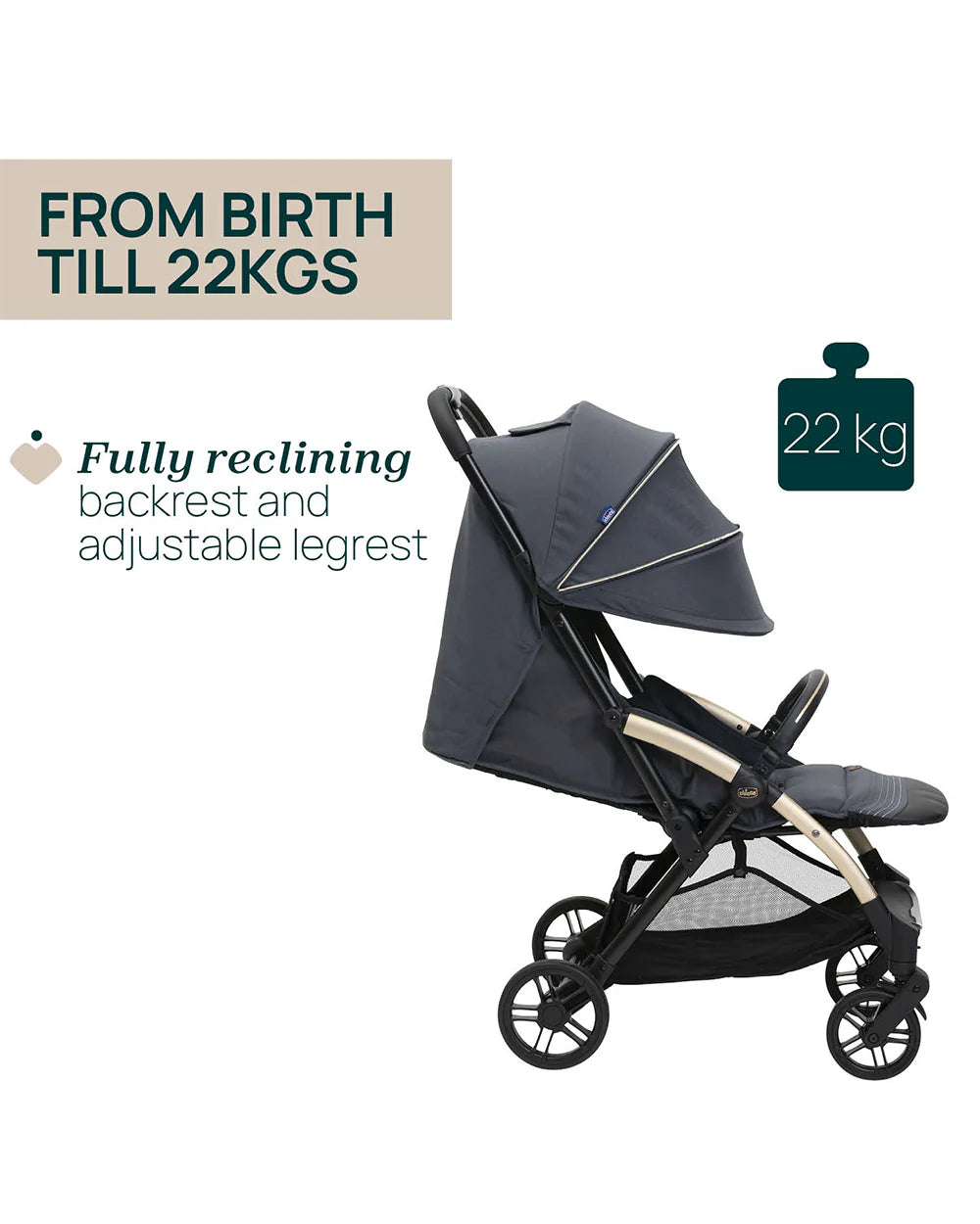 Chicco Goody XPlus Lightweight Stroller-One Hand Fold-Flat Reclining Seat-Big Shock Absorber Wheels-6 Months Warranty-For 0 to 4Y (Upto 22 Kg)-Dark Shadow