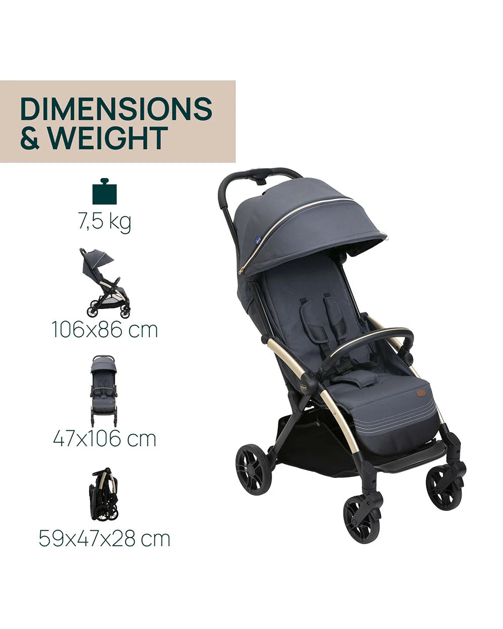Chicco Goody XPlus Lightweight Stroller-One Hand Fold-Flat Reclining Seat-Big Shock Absorber Wheels-6 Months Warranty-For 0 to 4Y (Upto 22 Kg)-Dark Shadow
