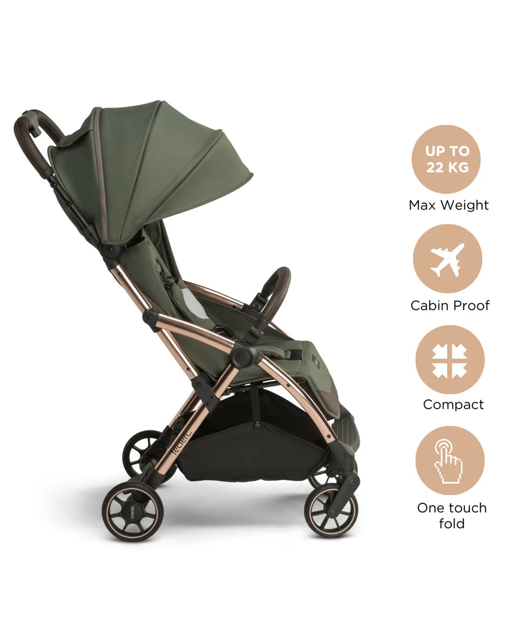 Leclerc Influencer Cabin Friendly Stroller-One Touch Fold-2 Years Warranty-For 6M to 5Y (Upto 22Kg)-Army Green