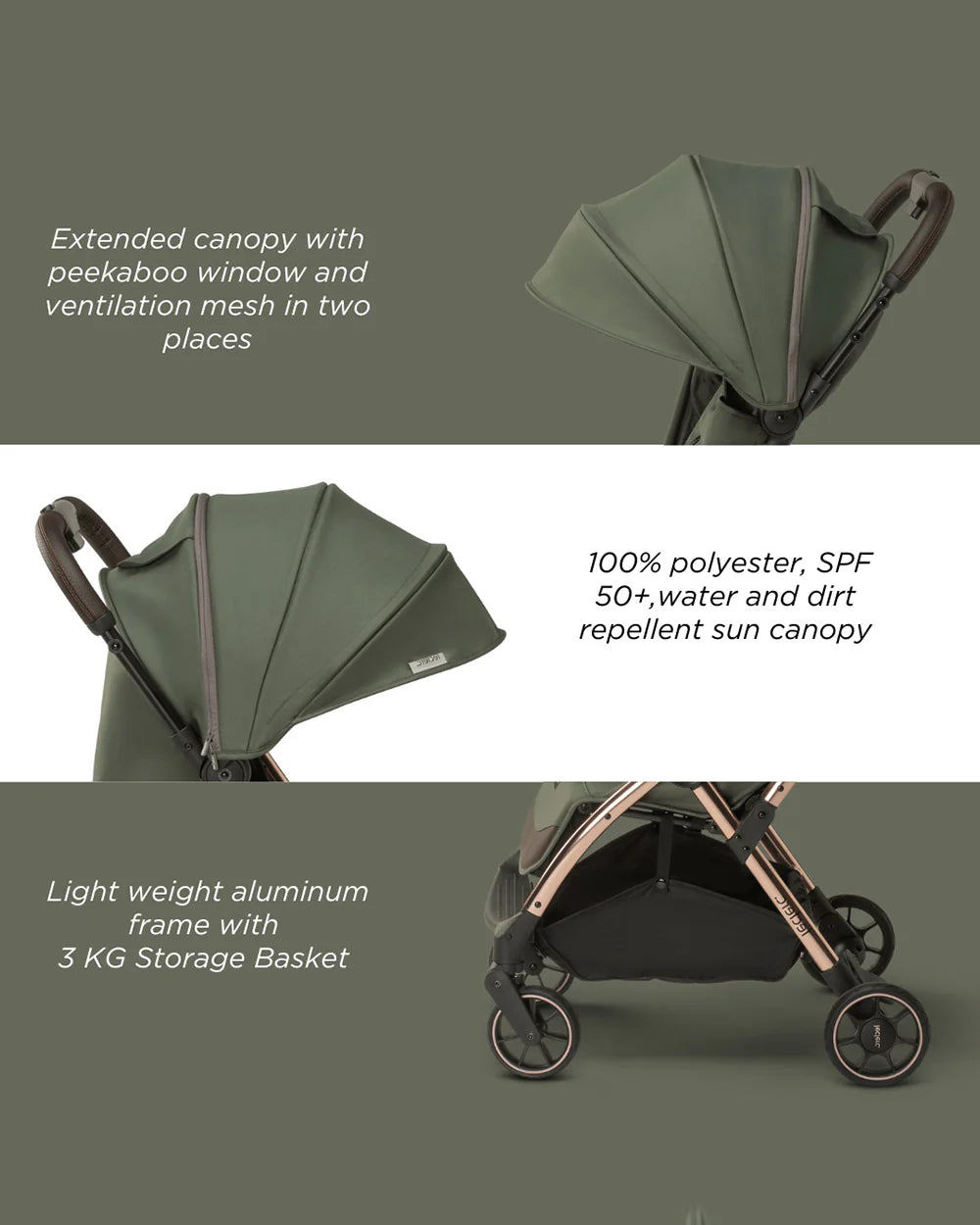 Leclerc Influencer Cabin Friendly Stroller-One Touch Fold-2 Years Warranty-For 6M to 5Y (Upto 22Kg)-Army Green