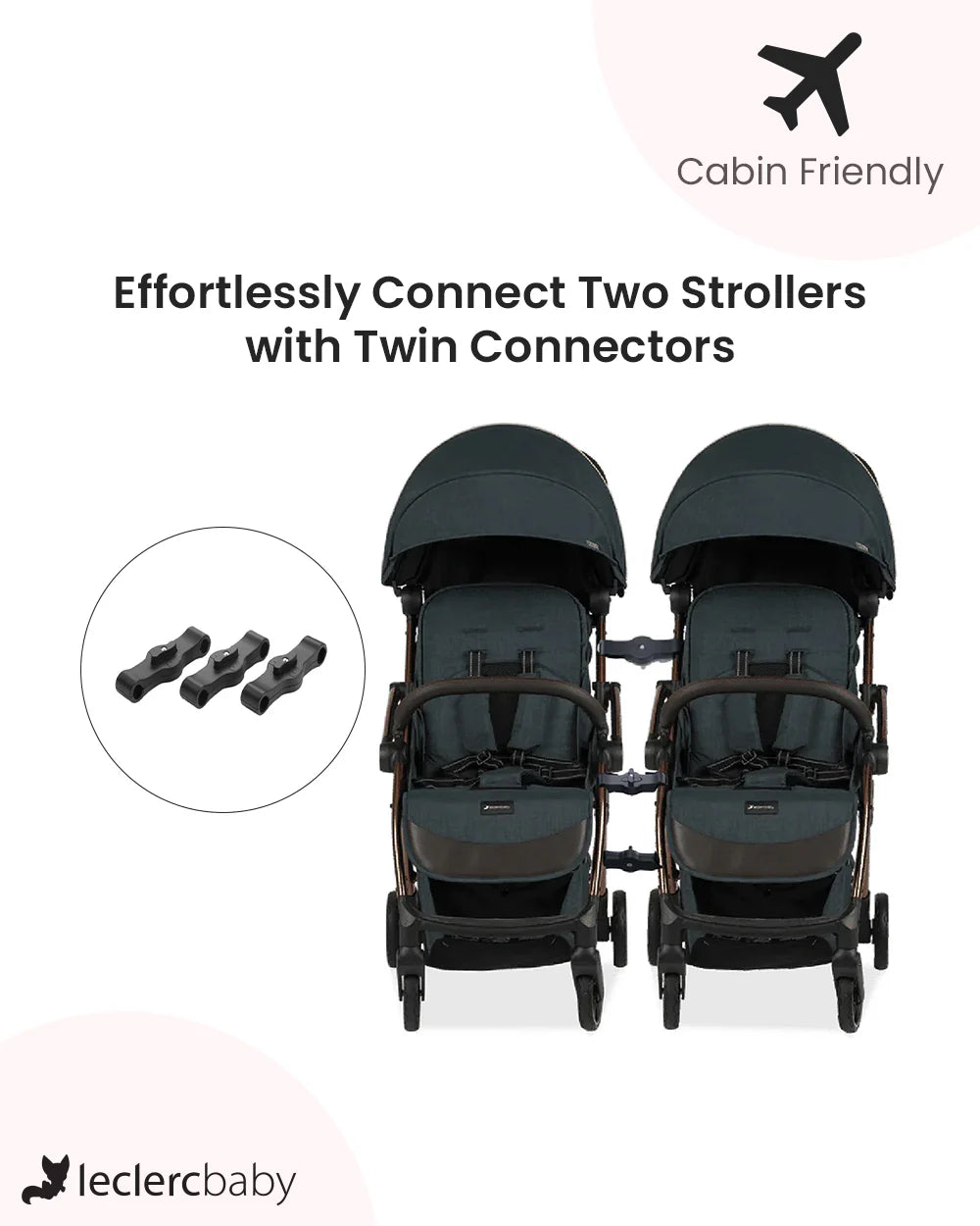 Leclerc Influencer Air Twin Stroller-Cabin Friendly-Flat Reclining Seat-One Touch Fold-Includes Twin Stroller Connectors-2 Years Warranty-For 6M to 5Y (Upto 22 Kg Each Stroller)-Denim Blue
