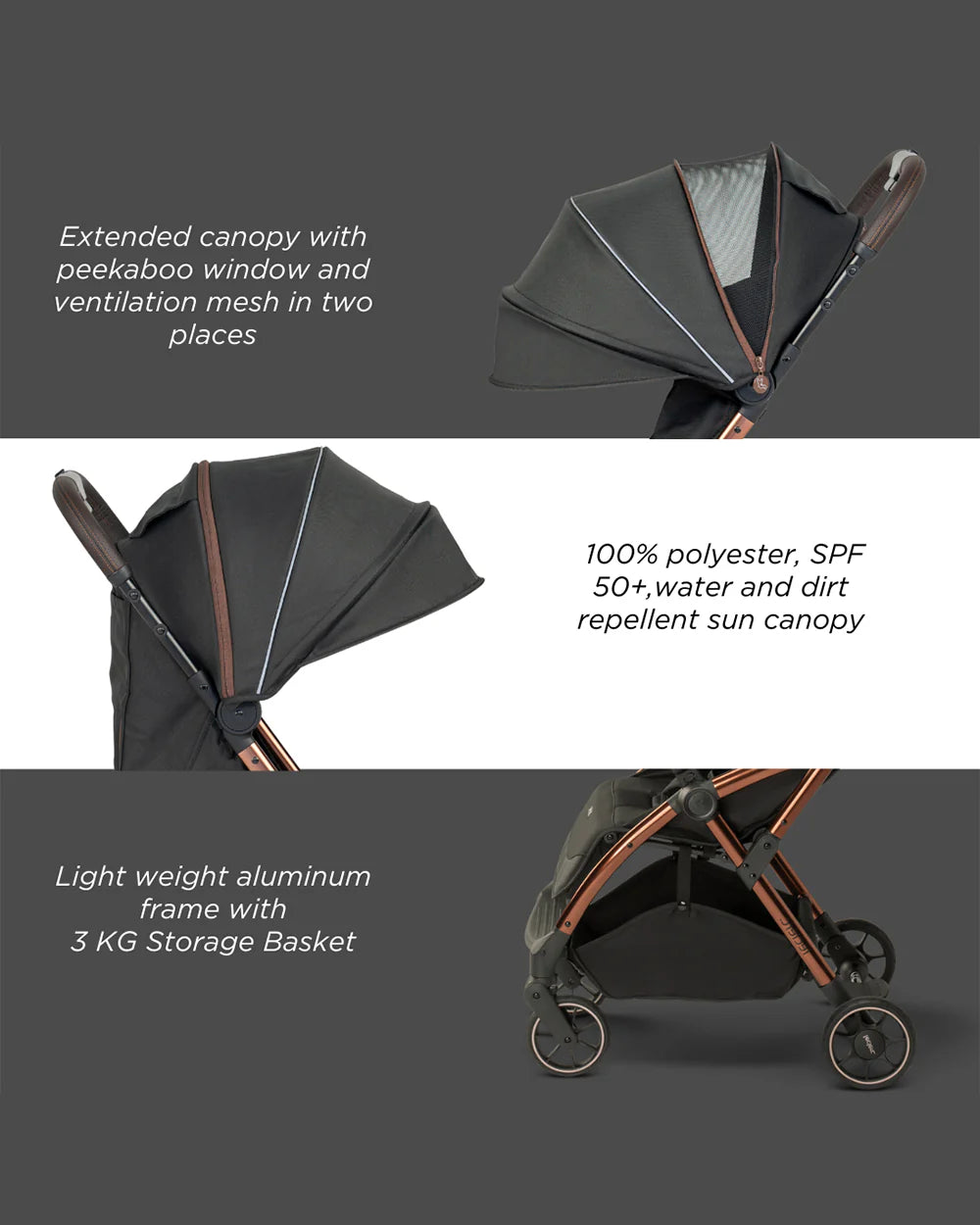 Leclerc Influencer Cabin Friendly Stroller-One Touch Fold-2 Years Warranty-For 6M to 5Y (Upto 22Kg)-Black Brown