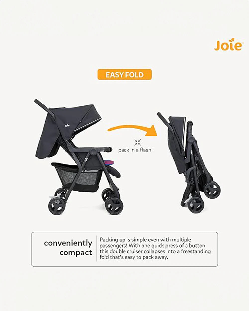 Joie Aire Twin Baby Stroller-Reversible Seat Liners-Automatic Fold Lock-Pram for 0 to 3Y (Upto 15 Kg Each Seat)-Dark Pewter