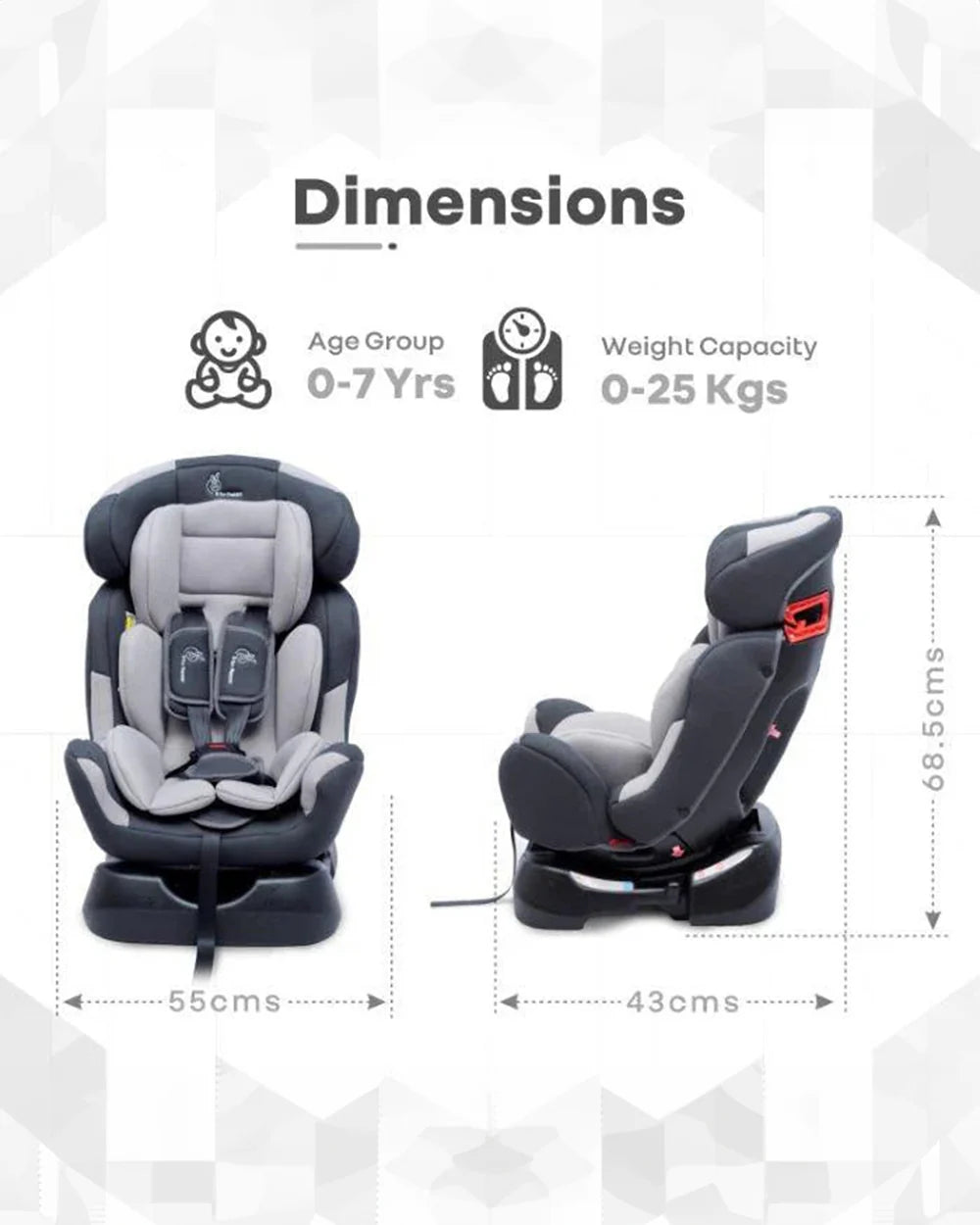 R for Rabbit Jack N Jill Grand-Baby Car Seat-Convertible (Front & Rear Facing)-Side Impact Protection-For 0 to 7Y (Upto 25Kg)-Grey