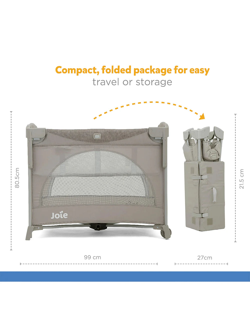 Joie Kubbie Sleep Bedside Crib & Travel Cot-With Removable Mattress-Compact Fold-Includes Travel Bag-Satellite-For 0 to 36M