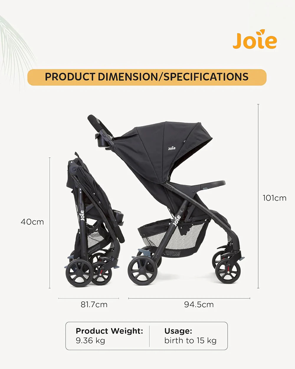 Joie Muze LX Baby Stroller-One Hand Fold-Flat Reclining-For 0 to 3Y (Upto 15Kg)-Coal