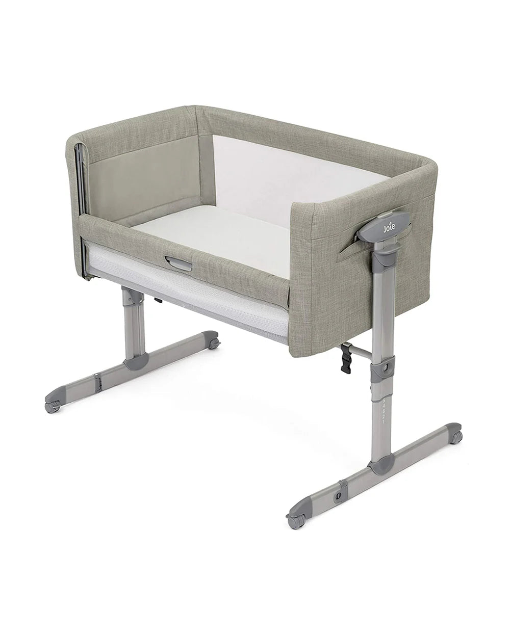 Joie Roomie Glide Bedside Crib-Single Hand Glide-With Removable Mattress & 4 Lockable Wheels-11 Height Adjustments-Dual Mesh Windows-For 0 to 6M (Upto 9 kg)-Almond