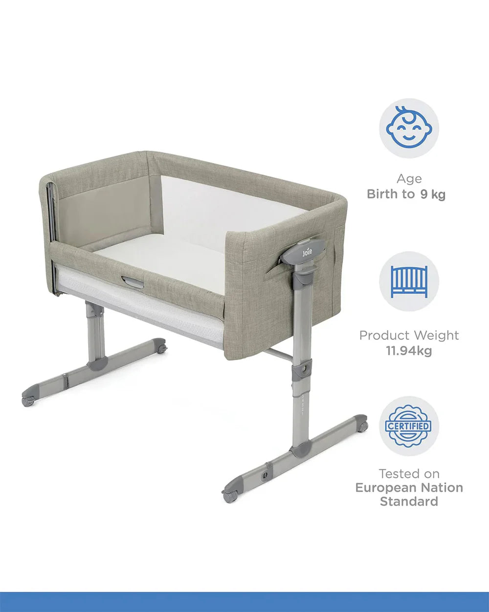 Joie Roomie Glide Bedside Crib-Single Hand Glide-With Removable Mattress & 4 Lockable Wheels-11 Height Adjustments-Dual Mesh Windows-For 0 to 6M (Upto 9 kg)-Almond