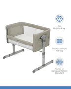 Joie Roomie Glide Bedside Crib-Single Hand Glide-With Removable Mattress & 4 Lockable Wheels-11 Height Adjustments-Dual Mesh Windows-For 0 to 6M (Upto 9 kg)-Almond