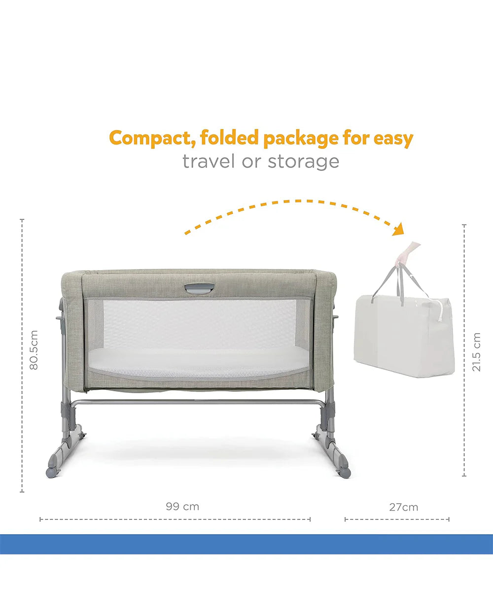 Joie Roomie Glide Bedside Crib-Single Hand Glide-With Removable Mattress & 4 Lockable Wheels-11 Height Adjustments-Dual Mesh Windows-For 0 to 6M (Upto 9 kg)-Almond