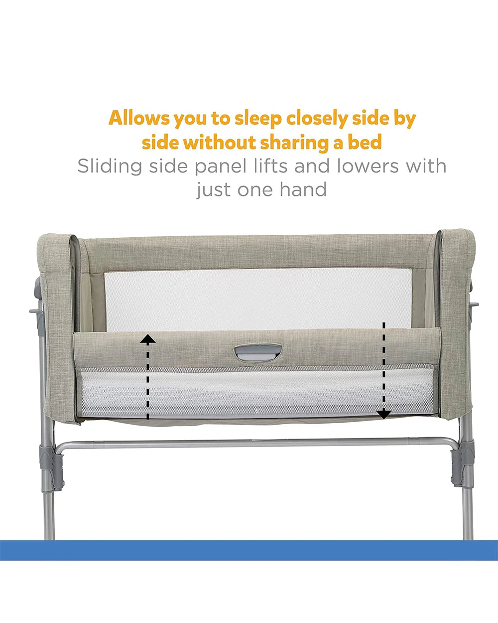 Joie Roomie Glide Bedside Crib-Single Hand Glide-With Removable Mattress & 4 Lockable Wheels-11 Height Adjustments-Dual Mesh Windows-For 0 to 6M (Upto 9 kg)-Almond
