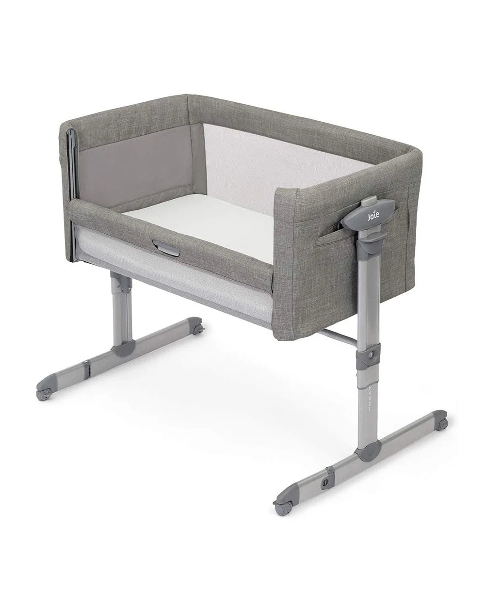 Joie Roomie Glide Bedside Crib-Single Hand Glide-With Removable Mattress & 4 Lockable Wheels-11 Height Adjustments-Dual Mesh Windows-For 0 to 6M (Upto 9 kg)-Foggy Grey