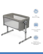 Joie Roomie Glide Bedside Crib-Single Hand Glide-With Removable Mattress & 4 Lockable Wheels-11 Height Adjustments-Dual Mesh Windows-For 0 to 6M (Upto 9 kg)-Foggy Grey