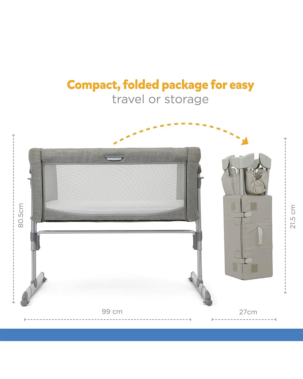 Joie Roomie Glide Bedside Crib-Single Hand Glide-With Removable Mattress & 4 Lockable Wheels-11 Height Adjustments-Dual Mesh Windows-For 0 to 6M (Upto 9 kg)-Foggy Grey