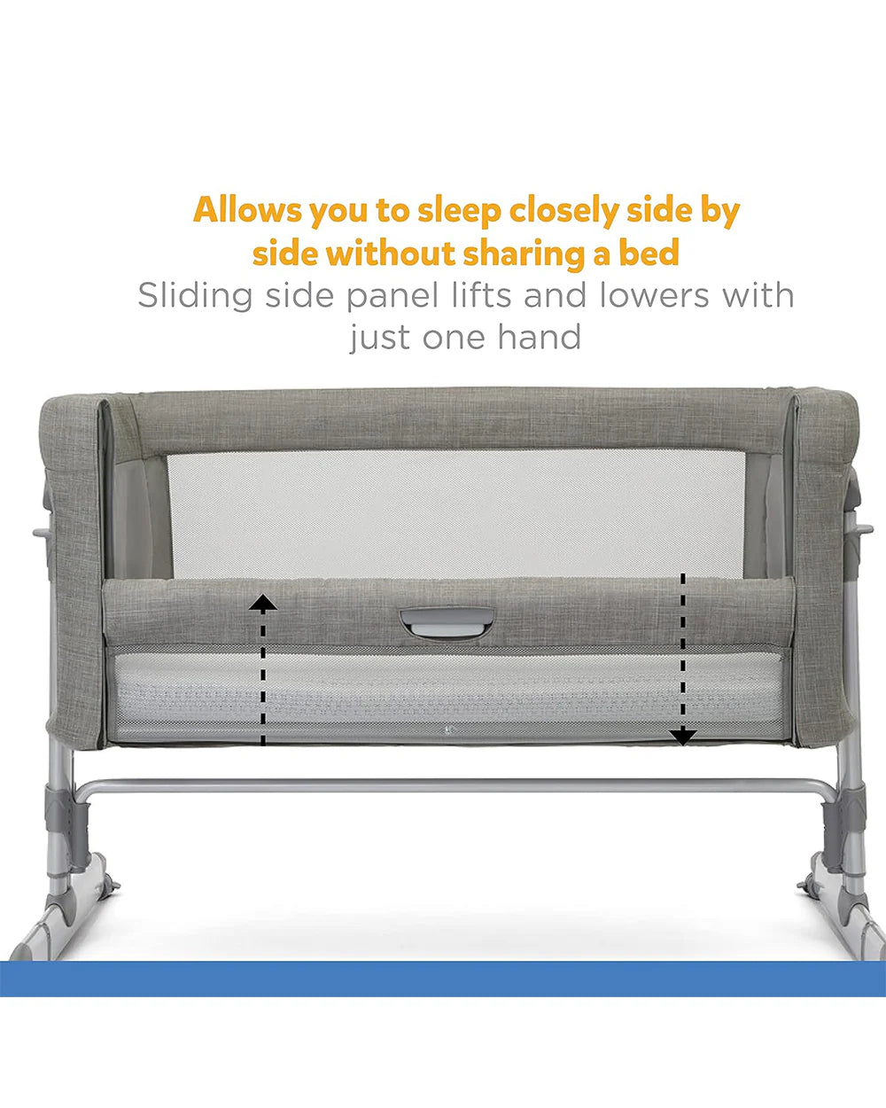 Joie Roomie Glide Bedside Crib-Single Hand Glide-With Removable Mattress & 4 Lockable Wheels-11 Height Adjustments-Dual Mesh Windows-For 0 to 6M (Upto 9 kg)-Foggy Grey