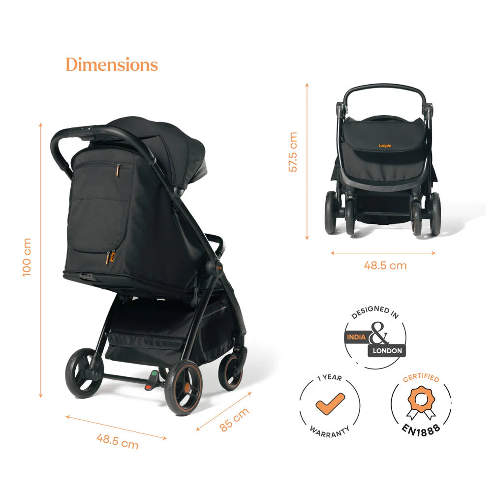 Loopie Hop Travel Friendly Stroller - Charcoal Black
