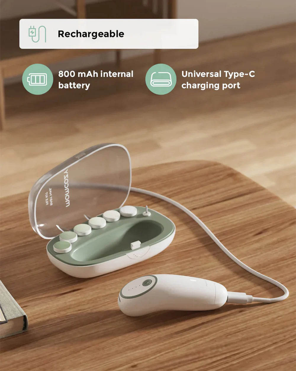Momcozy Electric Baby Nail File-With 7 Replacement Pads & 360° Ring Light-Green