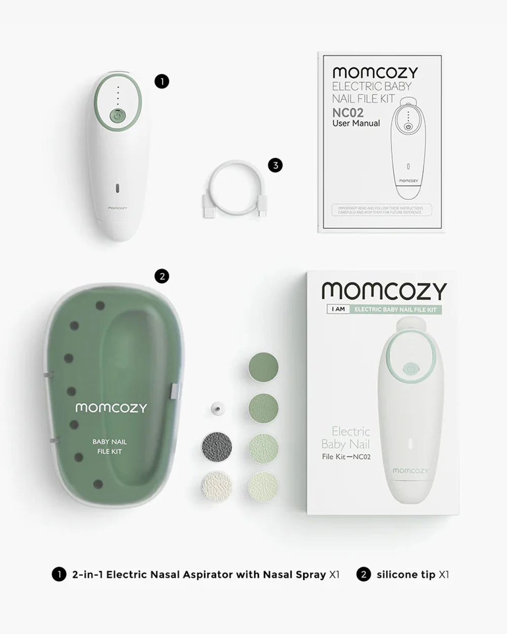 Momcozy Electric Baby Nail File-With 7 Replacement Pads & 360° Ring Light-Green