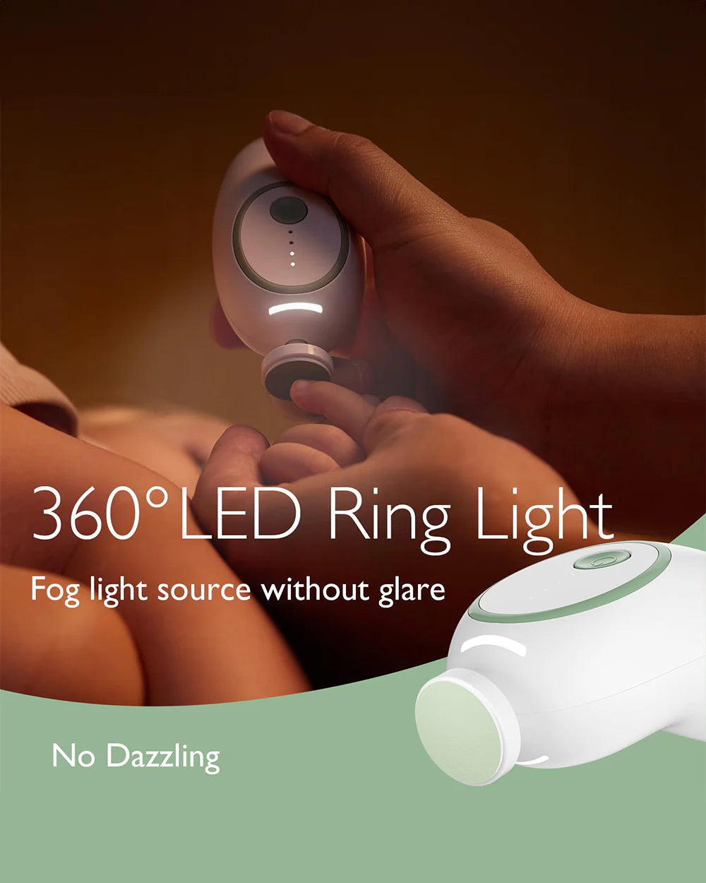 Momcozy Electric Baby Nail File-With 7 Replacement Pads & 360° Ring Light-Green