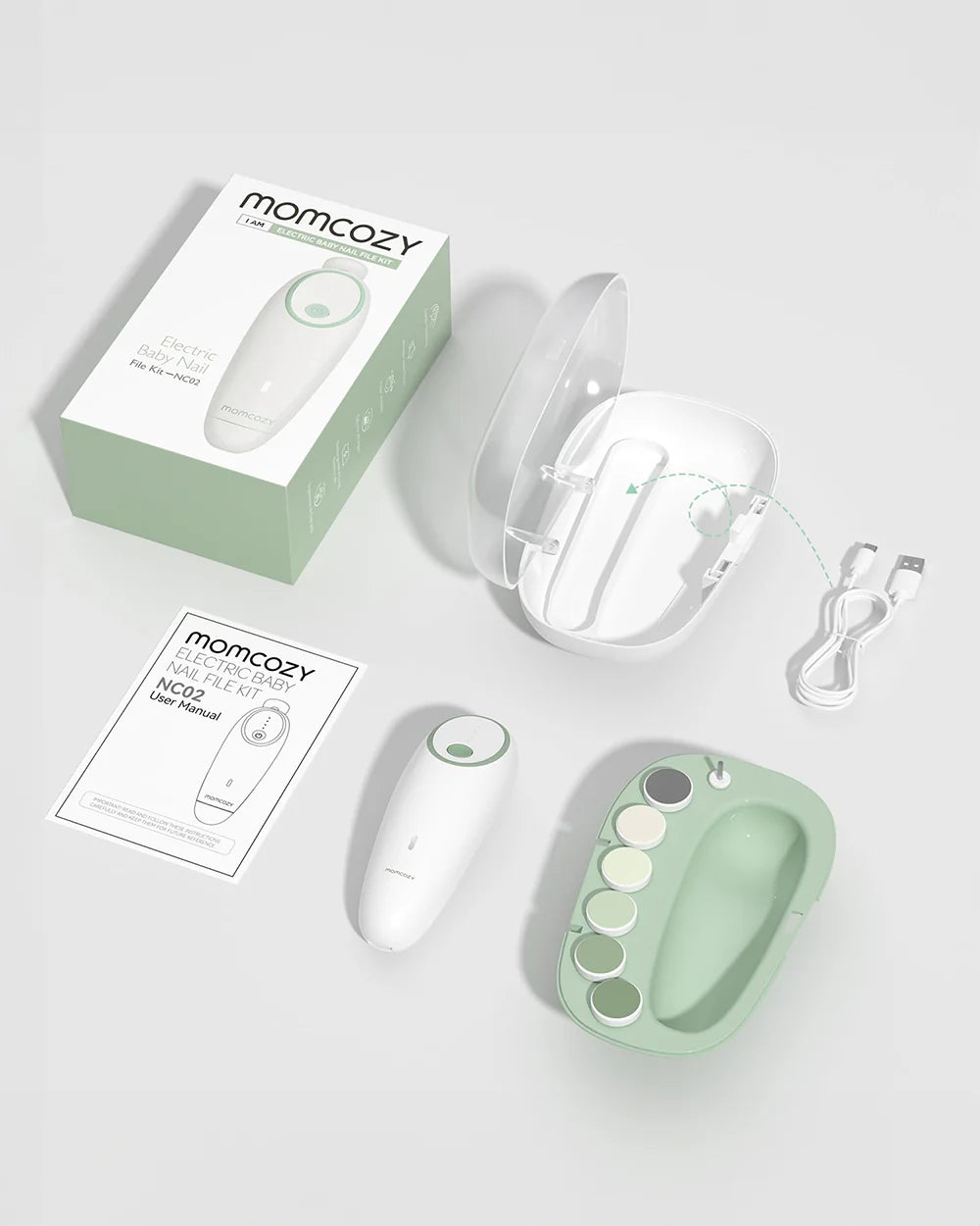Momcozy Electric Baby Nail File-With 7 Replacement Pads & 360° Ring Light-Green
