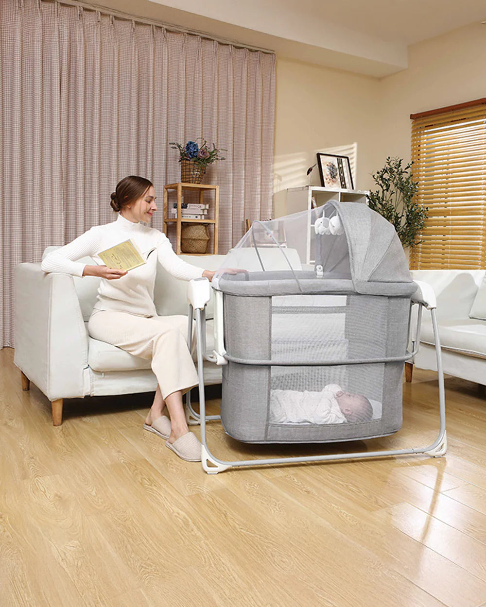 Mastela Deluxe 4 in 1 Bassinet-Cozy Bassinet, Swing & Bedside Sleeper Modes-5 Swing Speeds-15 Melodies-For 0 to 6M (Upto 9 kg)-Grey