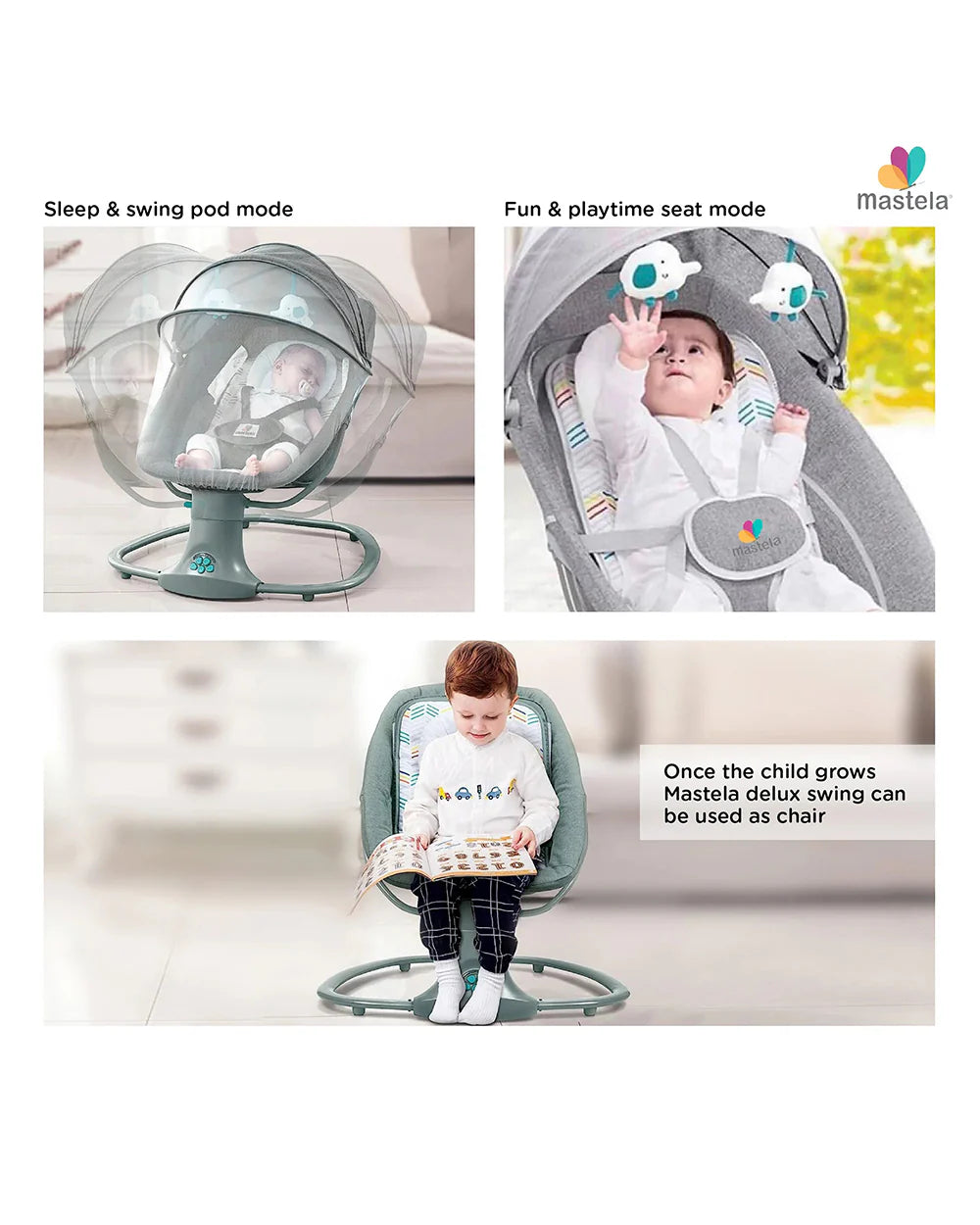 Mastela 3 in 1 Deluxe Multi Function Swing-Multi Position Recline-Canopy with Integrated Mosquito Net-3 Timer Settings & 15 Melodies with Volume Control-Upto 18 Kg-For Infants-Pink