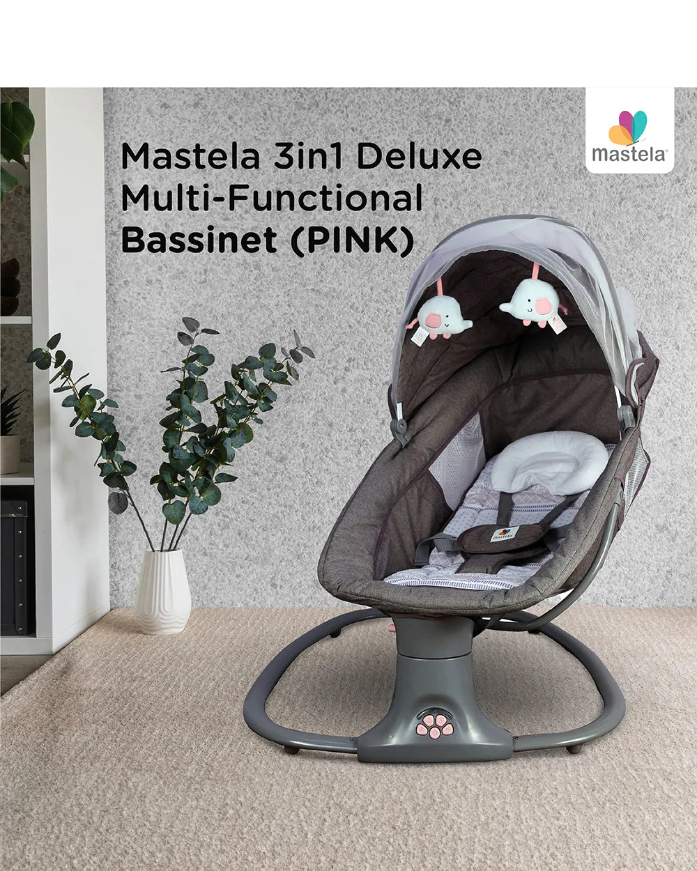 Mastela 3 in 1 Deluxe Multi Function Swing-Multi Position Recline-Canopy with Integrated Mosquito Net-3 Timer Settings & 15 Melodies with Volume Control-Upto 18 Kg-For Infants-Pink