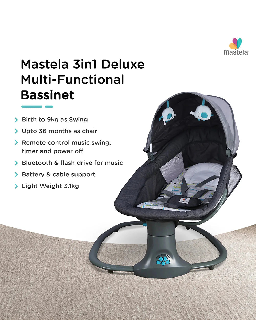 Mastela 3 in 1 Deluxe Multi Function Swing-Multi Position Recline-Canopy with Integrated Mosquito Net-3 Timer Settings & 15 Melodies with Volume Control-Upto 18 Kg-For Infants-Teal